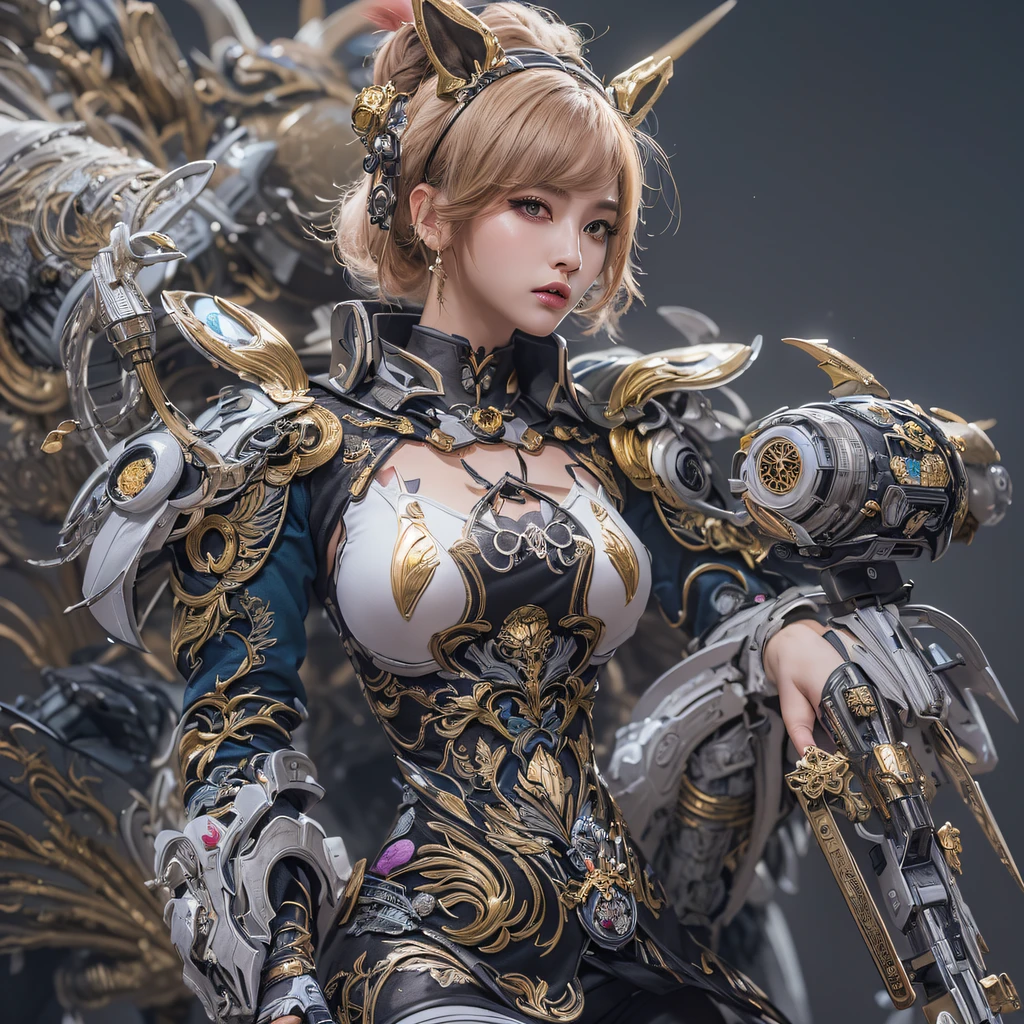 CG ，Light orange full set of thick mechs，Giant，, Realistic secret girl rendering, detailed face of a asian girl, Reality in the secret world, Smooth CG art, Realistic. Cheng Yi, Realistic secret style, A lovely secret rendering, 8K portrait rendering, Render character art 8 K, Kawaii realistic portrait，Golden-black damask white rabbit hair chest protector，Fuchsia pink diamonds, tulle burgundy diamond shin guards((ultra real detailed.mecha-girl)Mink cotton suit mech，Bright blue and white feathers gold wire shoulder pads，Shimoo Fire Tiger Female Taoist，Tailfire，Tattooed with，Genius ratio，Silicone texture，Short bright purple hair，3D modeling，4K,8K,16K smooth (Masterpiece, Top quality, Best quality, offcial art, Beauty and aesthetics: 1.2), Very detailed, Colorful, Most detailed, branches,mecha-girl, （Mards）mecha-girl（canyons）， （Linen Future Mecha Girl）， Angry fighting stance， looking at the ground， Batik linen bandana， Crane pattern long sleeve garment，Mecha Maiden Canyon（Abstract propylene splash：1.2）， Dark clouds lightning background，Sprinkle with golden mech girl powder（realisticlying：1.4），Black color hair，Flour fluttering，rainbow background， A high resolution， the detail， RAW photogr， Sharp Re， Nikon D850 Film Stock Photo by Jefferies Lee 4 Kodak Portra 400 Camera F1.6 shots, Rich colors, ultra-realistic vivid textures, Dramatic lighting, Unreal Engine Art Station Trend, cinestir 800，Flowing black hair,（（（Red and white mech girl）））