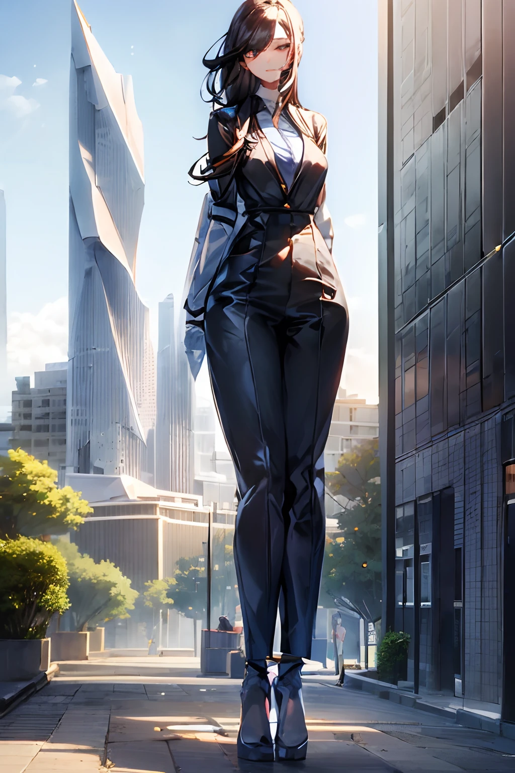 (Huge maiden:0.0) , (girl taller than a building:2.0), a casual suit, Ultra Detailed Face, Detailed Lips, Fine Eyes, balanced eyes, ultra glowing eyes, stand on ground, Cramped , slender body, (from above:0.0), (full-body shot:1.1), cityscape