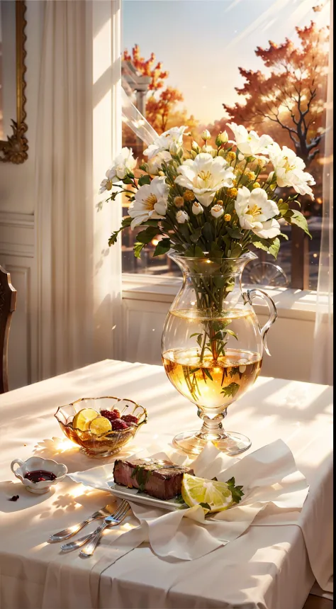 Extreme close-up，Clear，tmasterpiece，Bar tables，Delicious steak on the table，white wine，wineglass，fruit platter，Beautiful classical vase with flowers，Bright natural light，Outside the window it is autumn，Translucent curtains，in the bar，C4D，Empty product disp...