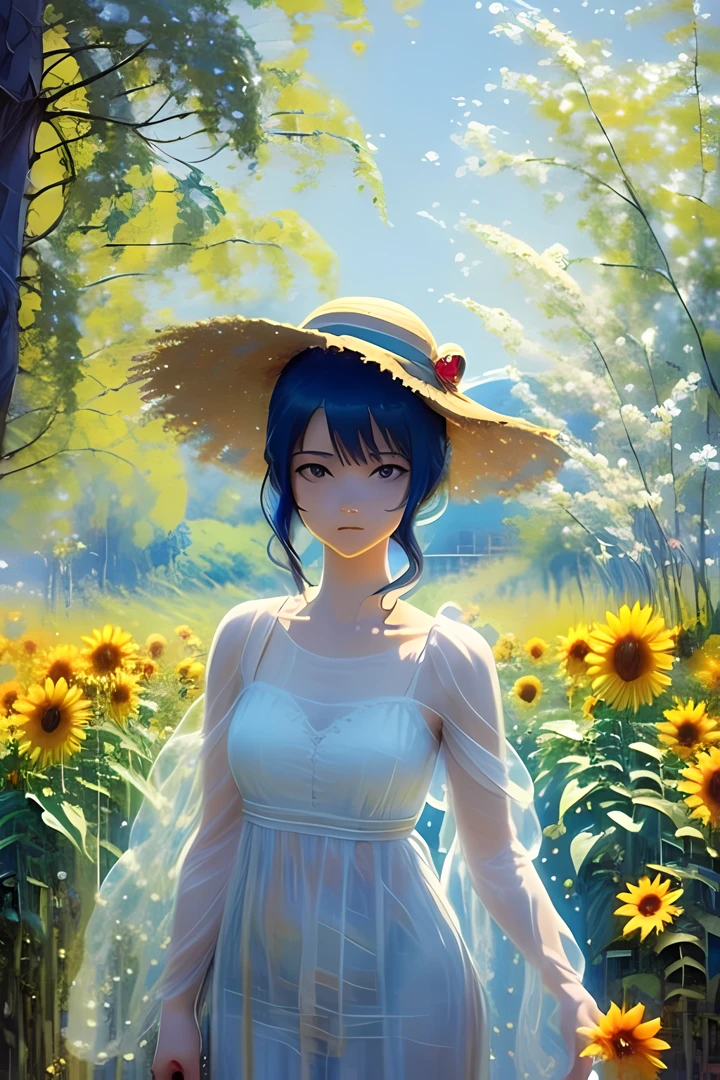 (Masterpiece), Best Quality, expressive eyes, perfect faces,

A girl in a straw hat is holding a bunch of sunflowers, making: Yang J, pixiv contest winner, fantasy art, guweiz and makoto shinkai, Hot and clear, Very detailed, glowing details, Lost Sakimi-chan, Astrillon, today's featured anime still