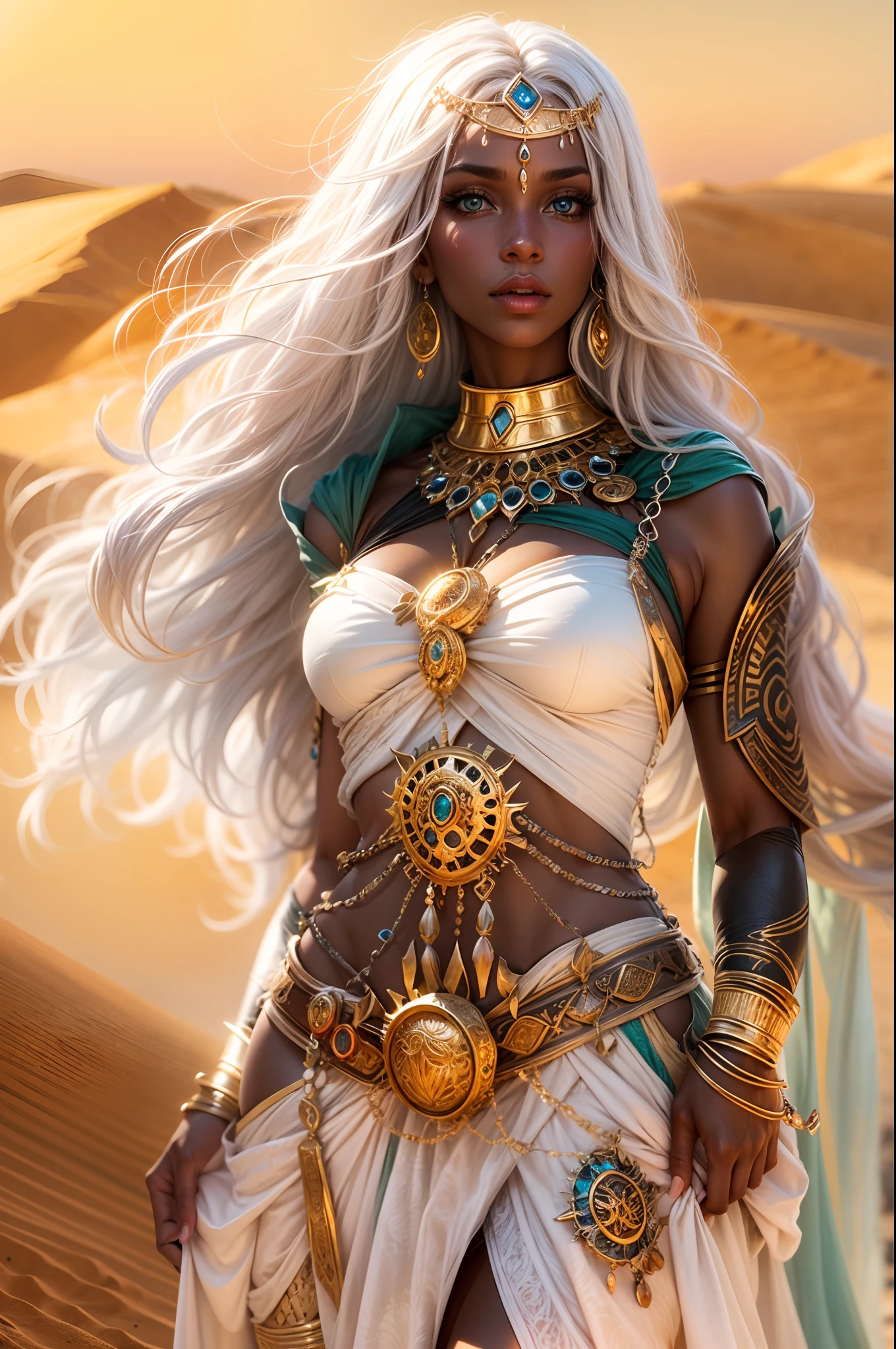 黒い肌と白い髪の女性エンチャントレスのイメージ, sexy ファンタジー clothes, ancient ファンタジー Egyth style, 高級ジュエリー, 超セクシーでホット, 砂漠で, 魅力的な視線, 全身,アートスタイル:ファンタジー,色:豊かで活気のある,点灯:柔らかい金色の日光