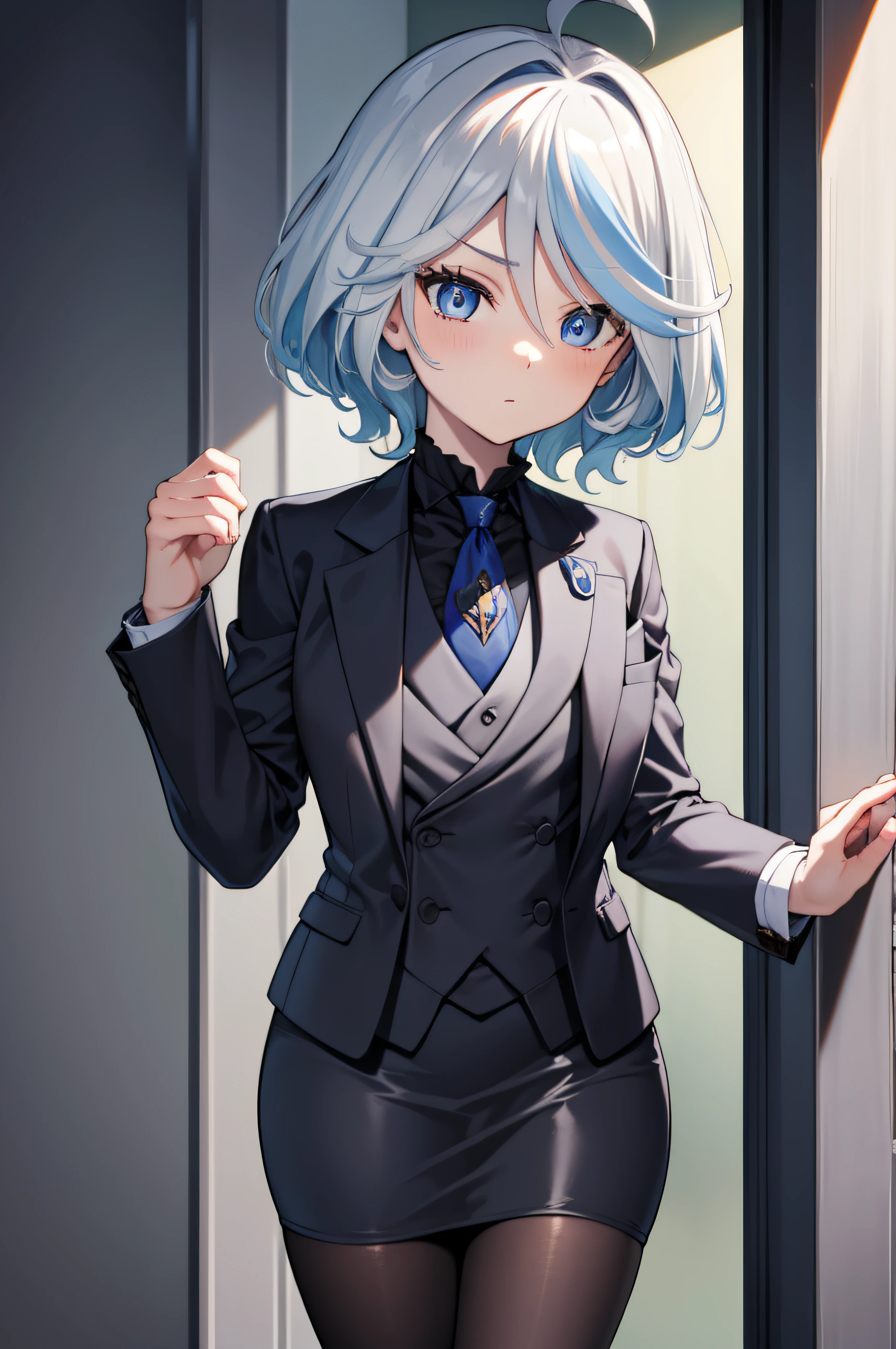 furina, furina, blue eyes, blue hair, cowlick, ahoge, hair over one eye, light blue hair, short hair,
BREAK asymmetrical gloves, black gloves, skirt suit, (((three-piece suit))), (((necktie))), blazer, (((suit jacket))), (((waistcoat))), double-breasted waistcoat, bodycon miniskirt, pencil skirt,
BREAK looking at viewer,
BREAK indoors,
BREAK (masterpiece:1.2), best quality, high resolution, unity 8k wallpaper, (illustration:0.8), (beautiful detailed eyes:1.6), extremely detailed face, perfect lighting, extremely detailed CG, (perfect hands, perfect anatomy),