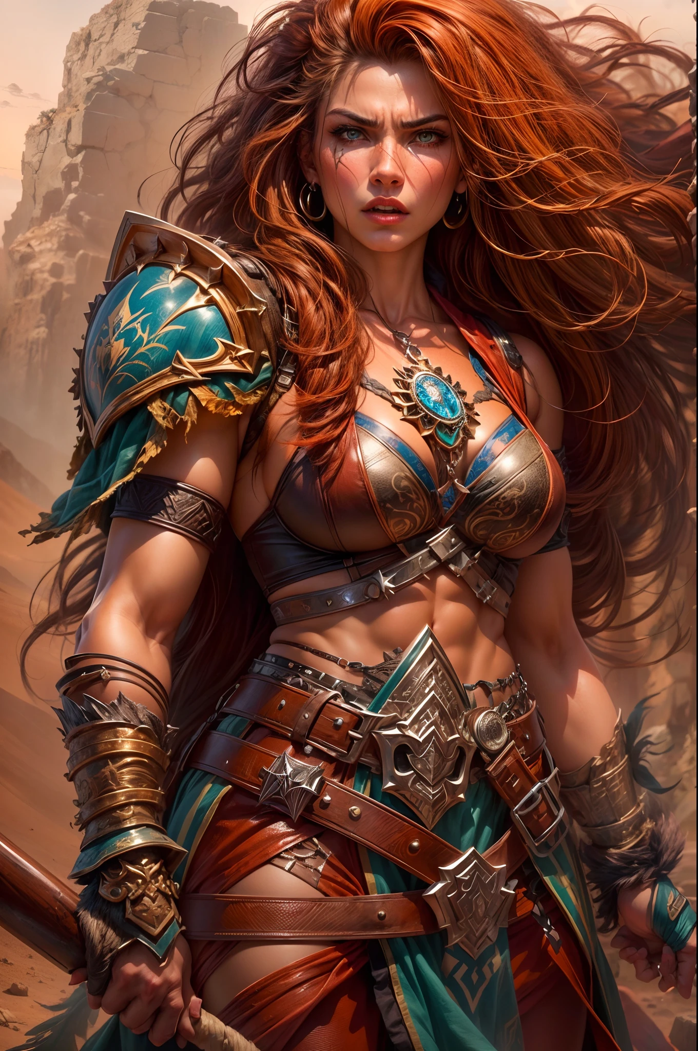 (best quality,highres,realistic:1.2),detailed red long flowing hair,(beautiful,detailed:1.1) face with piercing blue eyes, (voluptuous,fit:1.1) body with well-defined muscular arms and legs, (fierce:1.1) expression, (confident:1.1) posture, (fierce:0.9) and provocative pose, (strong and powerful:1.1),(leather, revealing:1.2) barbarian outfit, (intricate, detailed:1.1) armor with tribal patterns, (weapon:1.1) in hand, standing in a desert landscape, (sandy, vast:1.1), (harsh:1.1) lighting with a warm sunset glow, (dramatic:1.1) shadows emphasizing her physique, (intense:1.1) and vibrant colors, showing her (fierce:0.9) nature and (dominant:1.1) presence, (dangerous:1.1) aura, (adventurous:1.1) atmosphere, (fantasy:1.1) setting, (epic:1.1) and (powerful:1.1), evoking a sense of (freedom:1.1) and (strength:1.1).