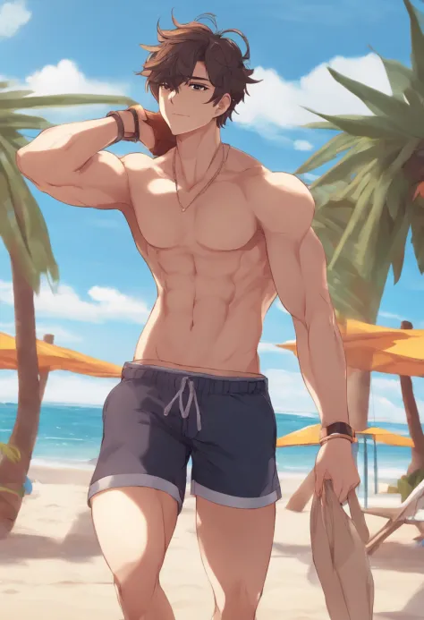 Anime style, 1 Male character around 23 years old, at the beach with shorts, semi musculate and skinny, his dick makes a big mark in his shorts