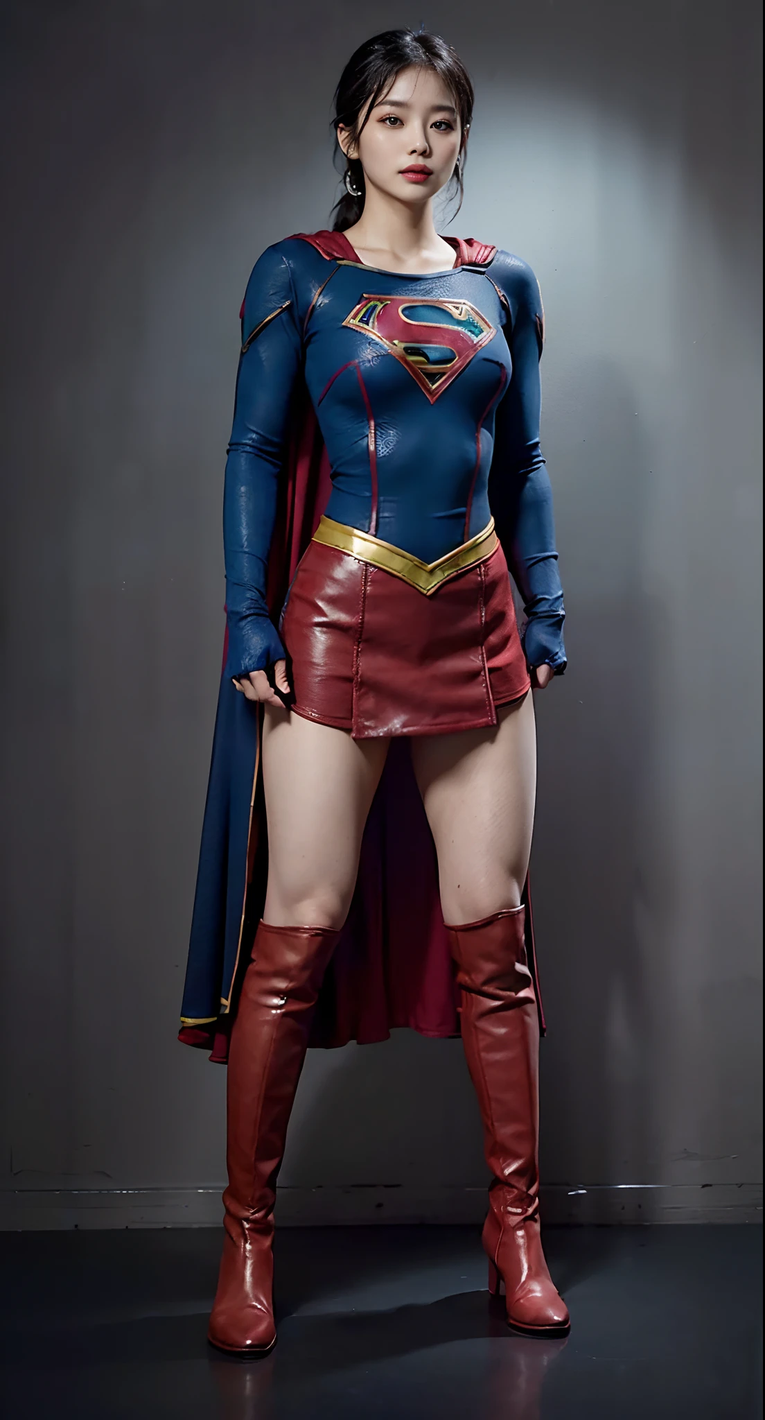 Asian Beautiful Girl、(((Wear black tights on your beautiful legs.)))、(((beauty legs)))、(((facial expression of smile)))、((((Make the most of the original image)))、(((Supergirl Costume)))、(((a short bob、beautiful hairl)))、(((Suffering)))、(((Feet must necessarily be worn with black tights)))、(((You need to wear red boots)))、((Top image quality、8K))、((top-quality、8K、​masterpiece:1.3))、(((Keep your background simple)))、Crisp focus:1.2、Beautiful woman with perfect body shape:1.4、Slender Abs:1.2、a wet body:1.5、Highly detailed facial and skin texture、8K、beauty legs