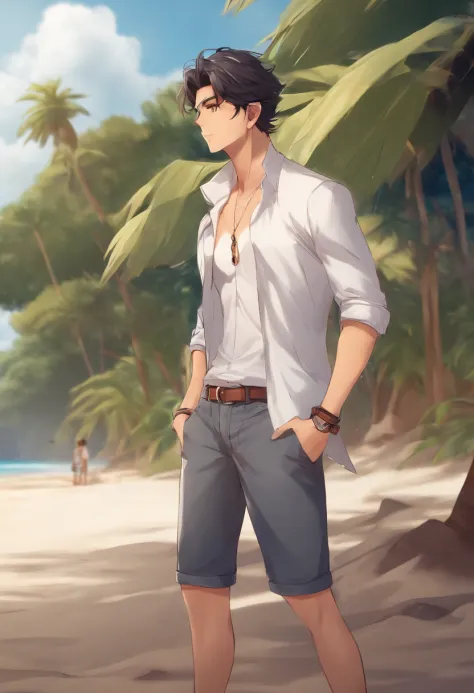 Anime style, 1 Male character around 23 years old, en la playa con pantalones cortos, semi musculosa y flaca, His cock is out of the shorts
