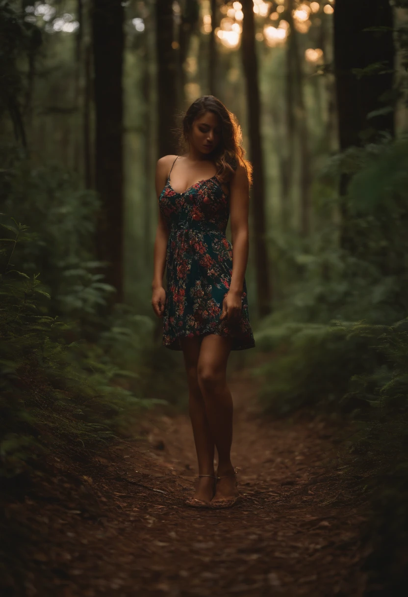 A woman in a dress walking down a path in the woods - SeaArt AI