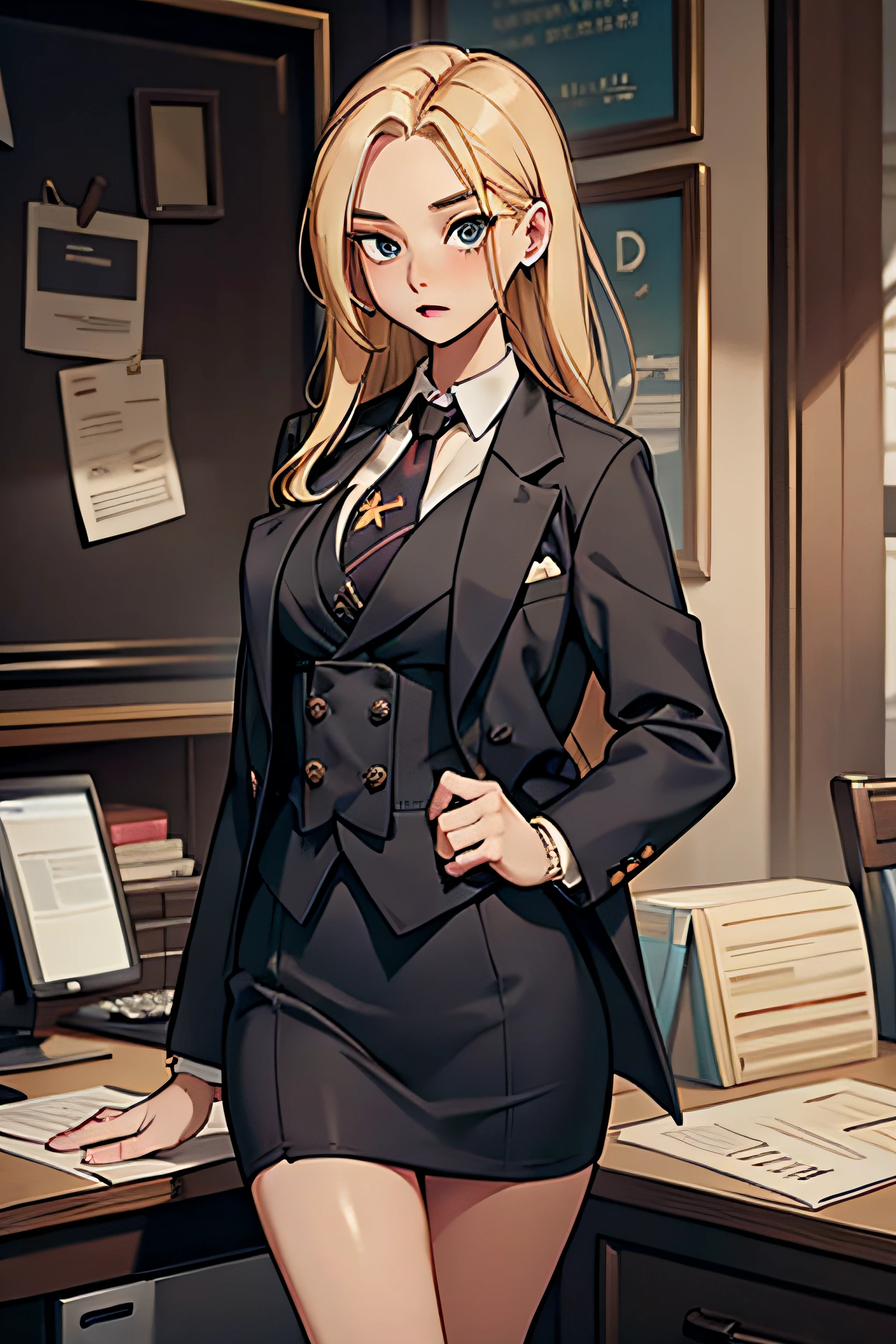 blonde, long hair, intern, papers, skirt suit, (((three-piece suit))), (((necktie))), blazer, (((suit jacket))), (((waistcoat))), double-breasted waistcoat, bodycon miniskirt, pencil skirt, office, surprise,floral pattern