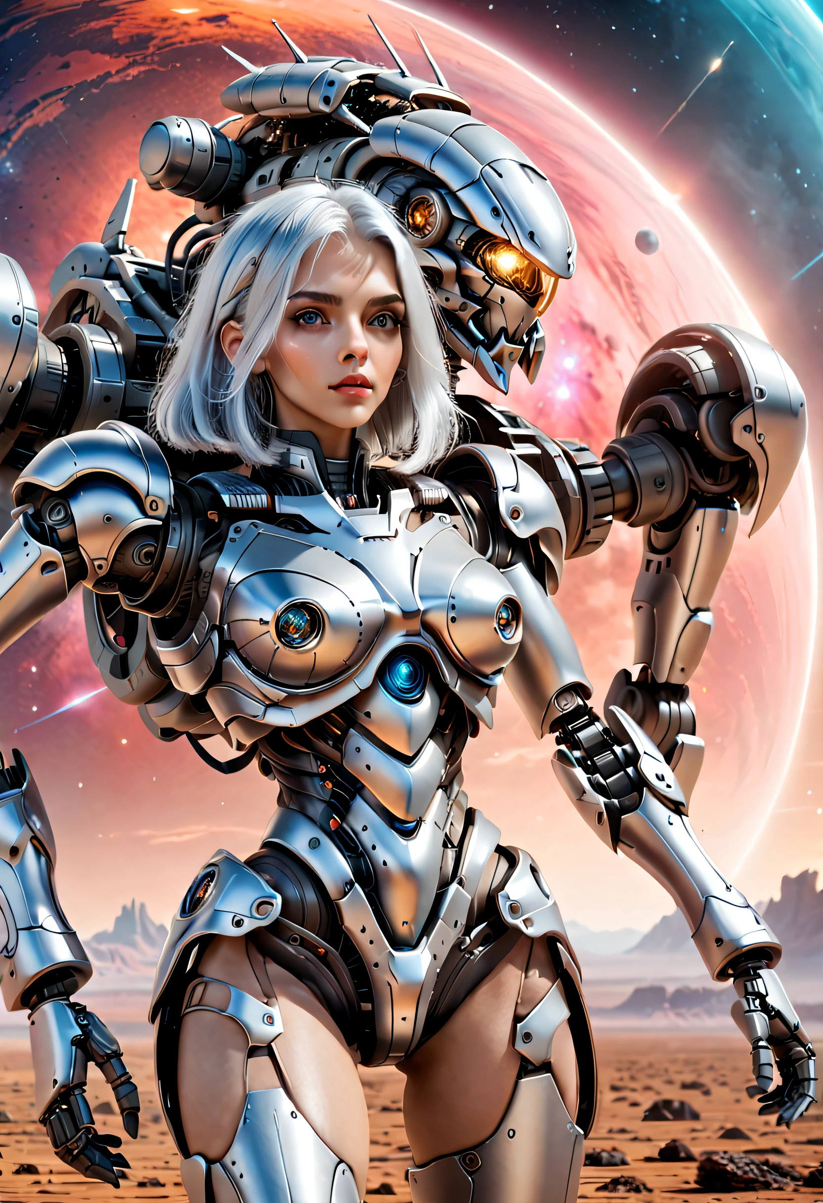 （（tmasterpiece，best qualtiy）），Beautiful 8K Ultra HD professional photos, Sharp focus, In a stunning fantasy world,Fully armed silver-haired girl and large mechanical robot structure，anatomy correct，Interstellar，Endless space，ssee-through，depth of fieldagnificent space image scene，