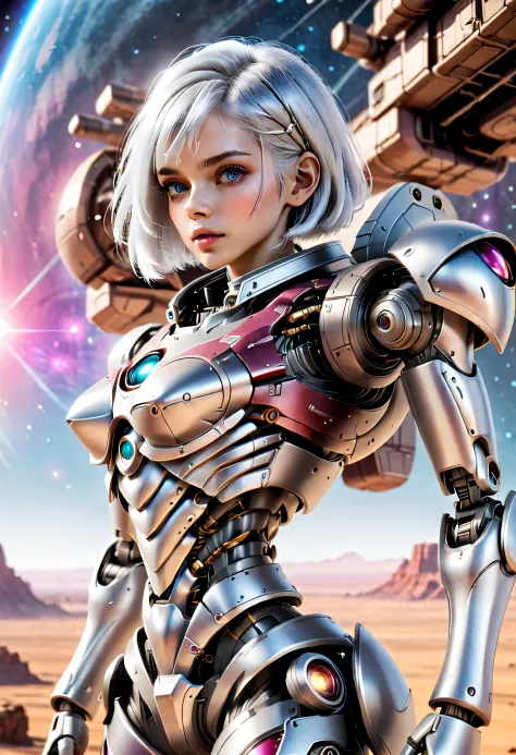 （（tmasterpiece，best qualtiy）），Beautiful 8K Ultra HD professional photos, Sharp focus, In a stunning fantasy world, Cute silver-haired girl and large mechanical robot structure，anatomy correct，Interstellar，Endless space，ssee-through，depth of fields，Magnific...
