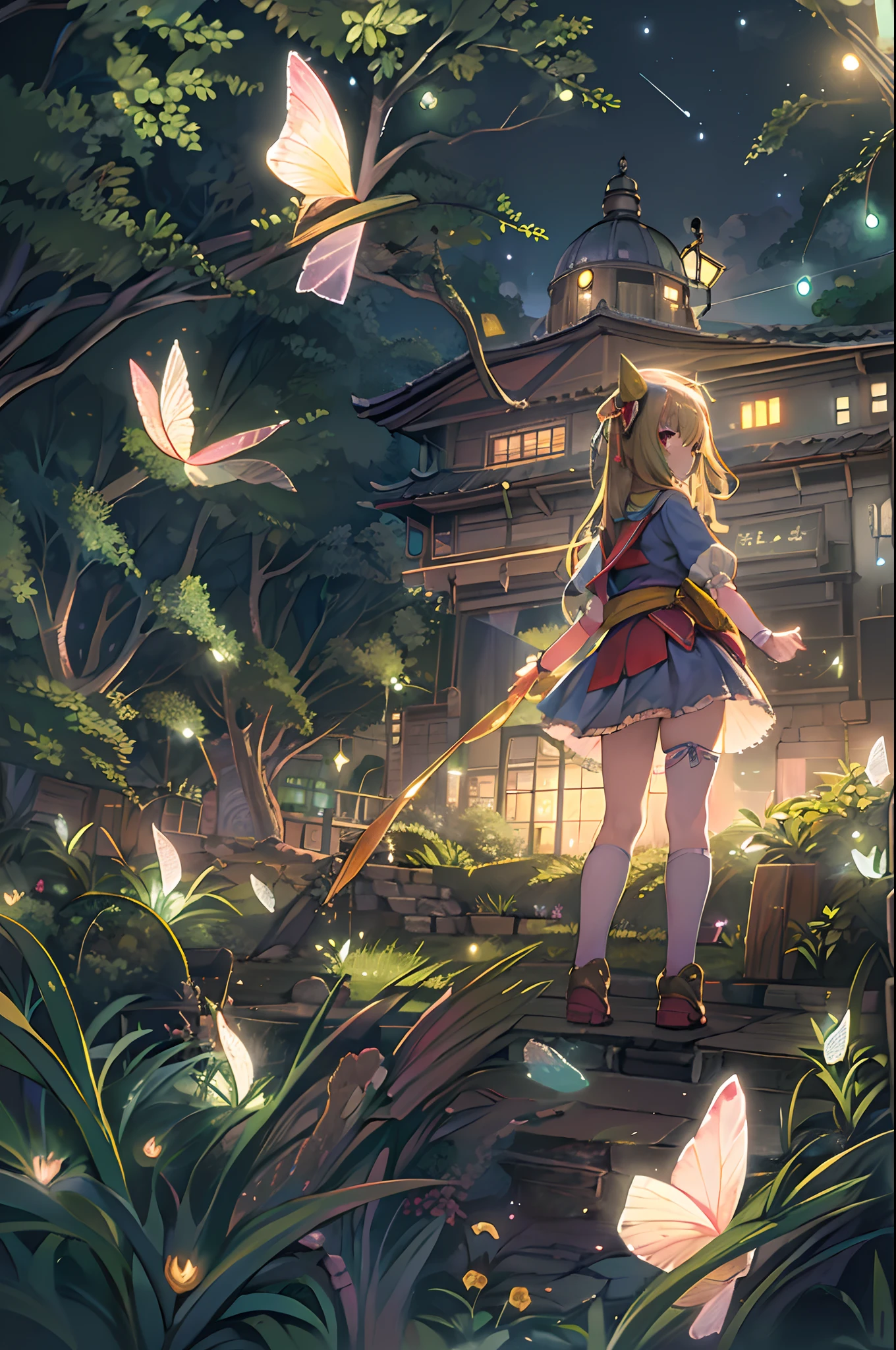 (8K, of the highest quality, masutepiece: 1.2), (Realistic, Photorealistic: 1.37), Super Detail, One girl, Wide-angle angle of view, Firefly Garden, There are many small faint lights and fireflies flying around, Night