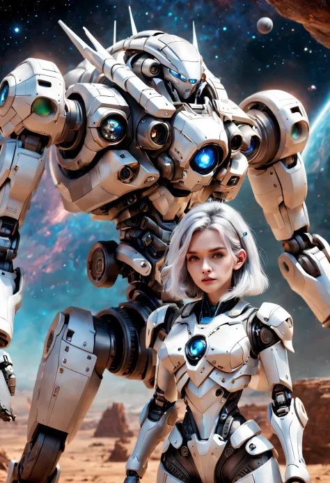 （（tmasterpiece，best qualtiy）），Beautiful 8K Ultra HD professional photos, Sharp focus, In a stunning fantasy world, Cute silver-haired girl，Large mechanical robot structure，Interstellar，Endless space，ssee-through，depth of fields，Magnificent space image scen...