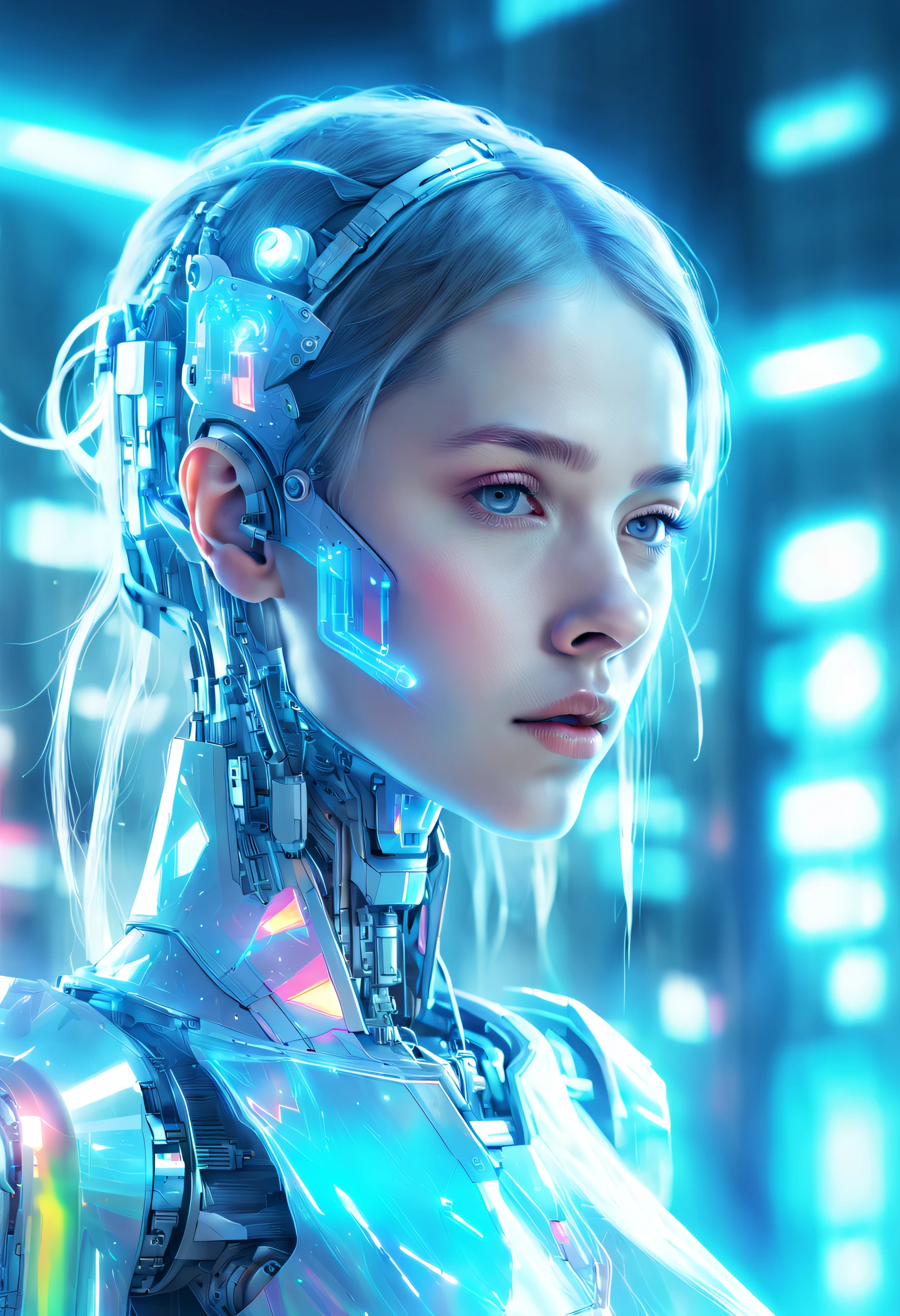 mecha-girl，Futuristic virtual holographic digital image background，（Doubleexposure：1.8），Complex illustrations in surrealist art style，Surreal dreams，Incognito as a virtual hologram person，Transparent people，Virtual holographic digital image