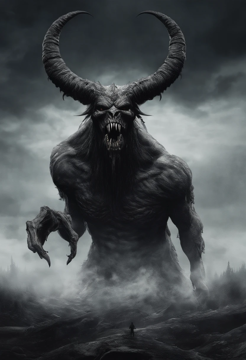 A black and white photo of a demon with horns on it - SeaArt AI