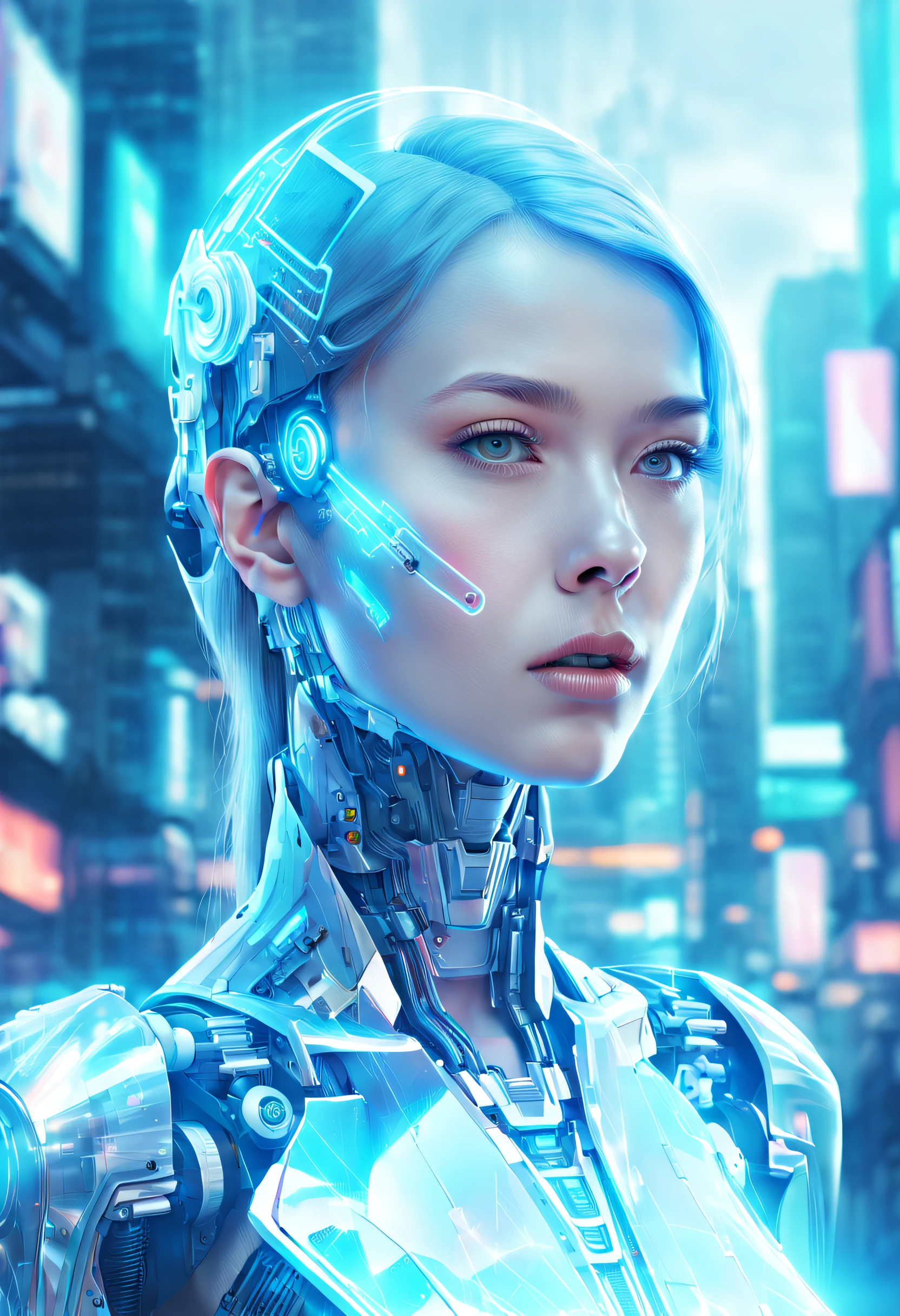 mecha-girl，Futuristic virtual holographic digital image background，（Doubleexposure：1.8），Complex illustrations in surrealist art style，Surreal dreams，Incognito as a virtual hologram person，Transparent people，Virtual holographic digital image