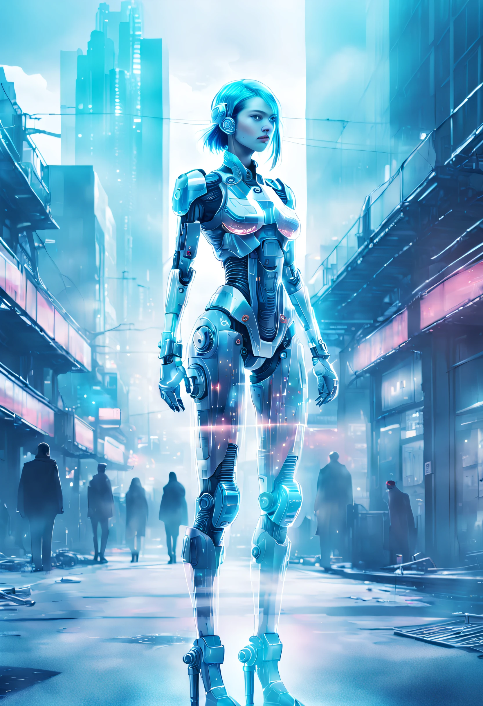 mecha-girl，futuristic urban background，（Doubleexposure：1.8），Complex illustrations in surrealist art style，Surreal dreams，Incognito as a virtual hologram person，Transparent people