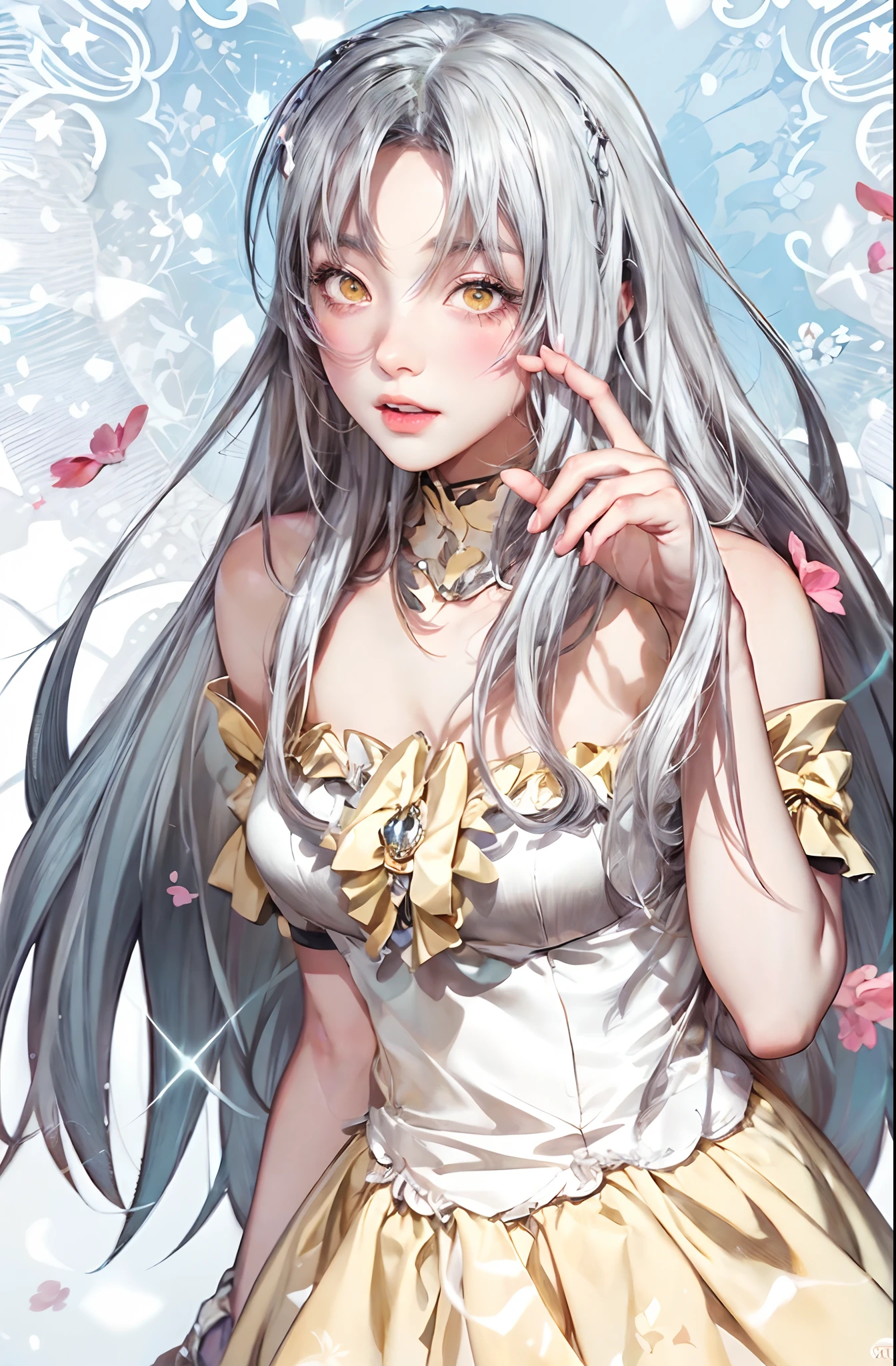 garota de anime com cabelo cinza e vestido amarelo e branco , arte digital detalhada de anime, estilo de arte anime moe, fanart requintada altamente detalhada, cushart krenz arte chave feminino, Arte detalhada de alta qualidade 8k, arte zerochan, arte de anime limpa e detalhada