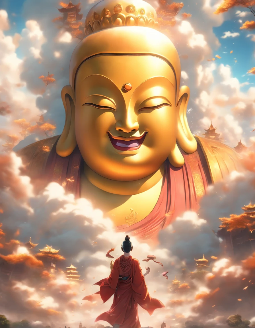 ((Tischplatte))，(beste Qualität))，China-Stil，Im Himmel, Die Wolken bilden ein riesiges transparentes und glänzendes weißes Jade-Maitreya-Buddha-Bild，dicke Wolken，Sonnenschein，Pilger auf der Straße，Hyperrealistisch，Ultra-fotorealismus，，in 8K，Hohe Auflösung，hohe Qualität，Werke von Meistern，superfein，（（（OC Renderer）））