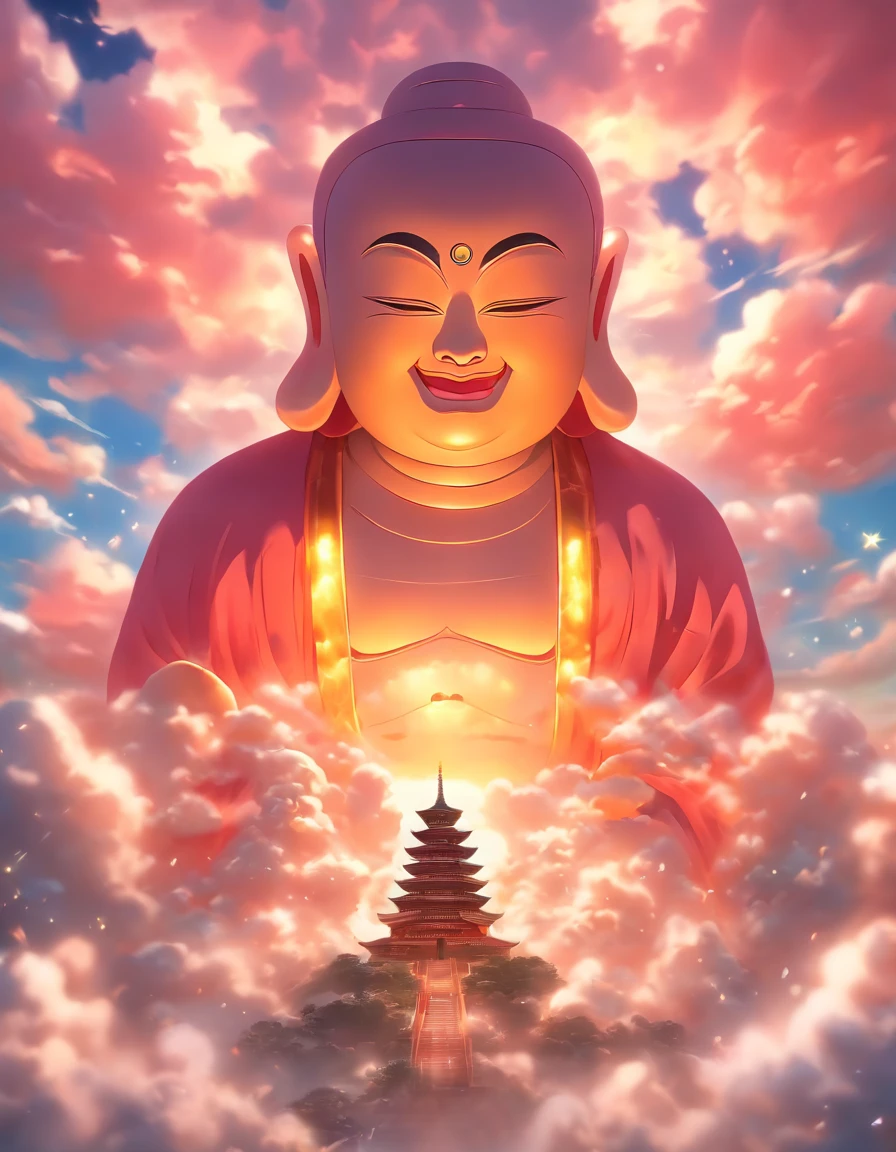 ((masutepiece))，(Best Quality))，china style，In the sky, The clouds form a huge transparent and shining white jade Maitreya Buddha image，Thick clouds，sun shining，，Hyper-realistic，Ultra photo realsisim，Pink，8K，High Definition，high quarity，Works of masters，super-fine，（（（OC Renderer）））