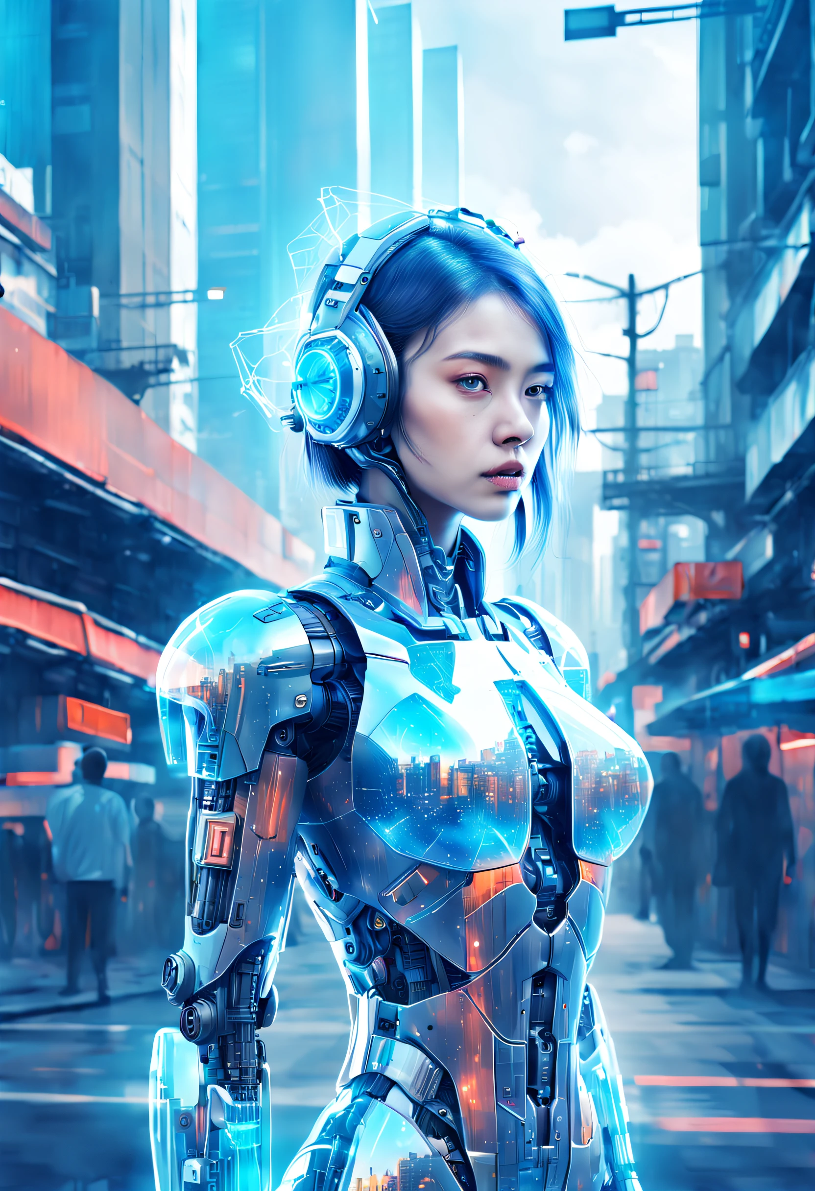 mecha-girl，futuristic urban background，（Doubleexposure：1.8），Complex illustrations in surrealist art style，Surreal dreams，Incognito as a virtual hologram person，