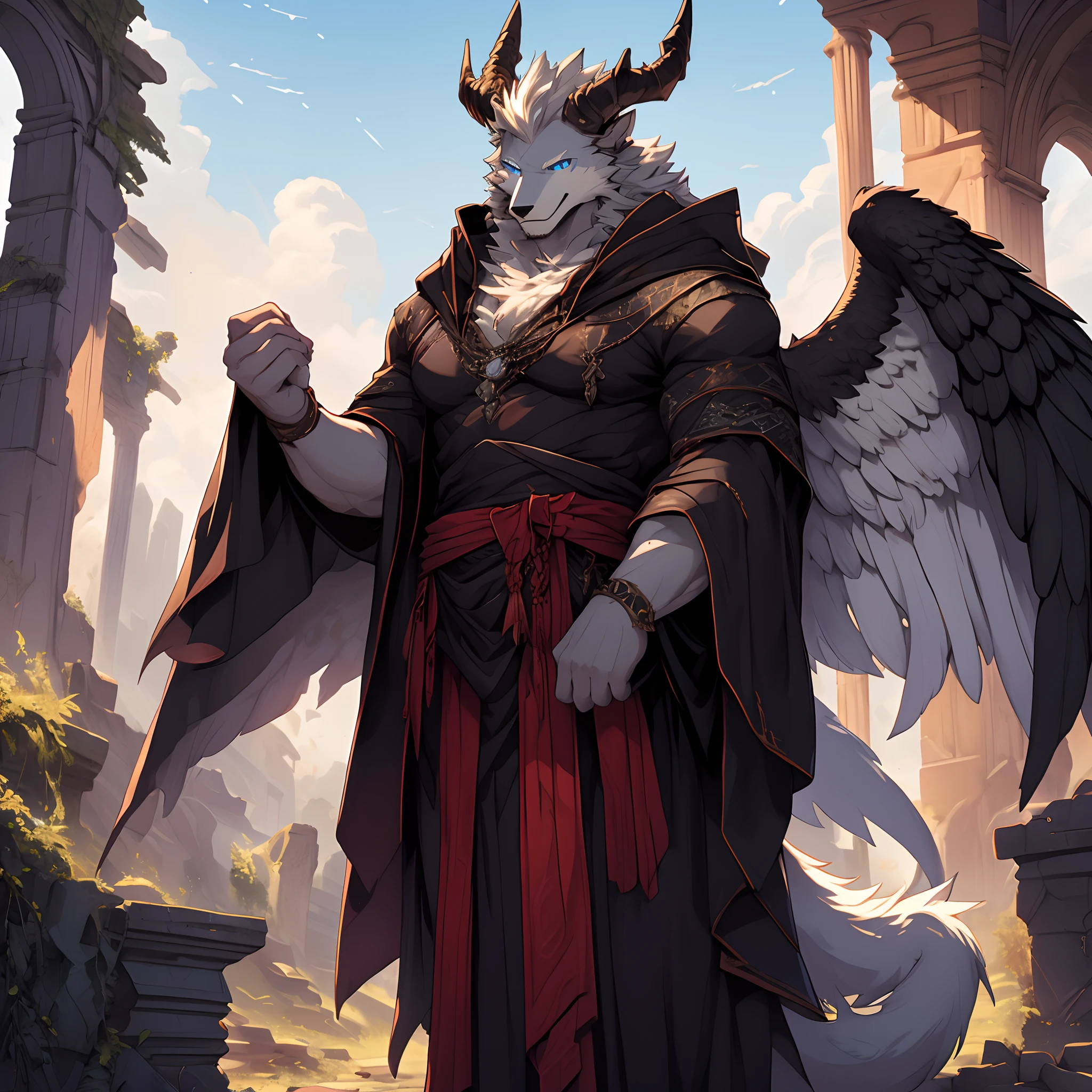 White Wolf with a pair of slender demon horns on top of his head Black angel wings Clear blue eyes Handsome smile Sturdy gray robe Bare chest muscles Posture Waiting for someone to throw into the arms Gloomy sky Ruins Ruins of masterpieces of the highest quality Exquisite details