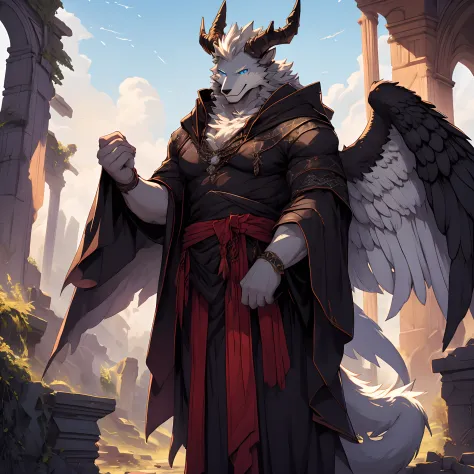 White Wolf with a pair of slender demon horns on top of his head Black angel wings Clear blue eyes Handsome smile Sturdy gray ro...