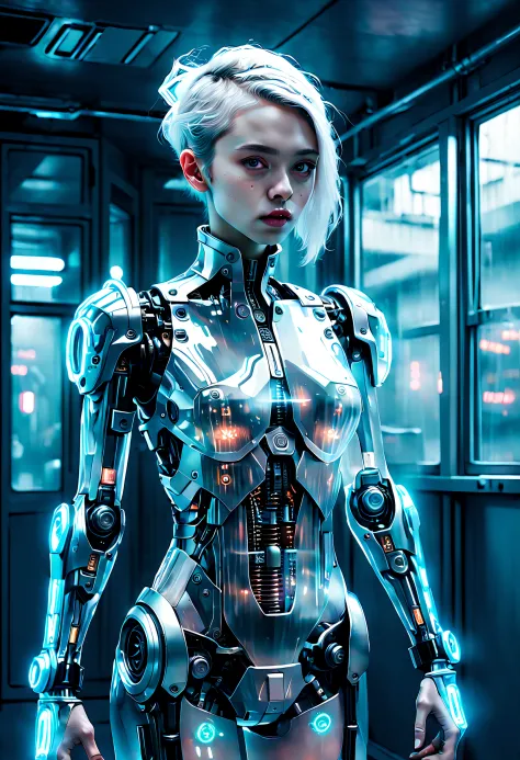 Complex illustrations in surrealist art style，Translucent ethereal mechanical girl，Futuristic girl，mecha-girl，Futuristic girl，Me...