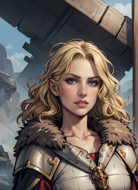 beautiful woman, viking warrior, fur cloak, armor, blonde hair, wavy hair, (closeup, portrait shot), (solo), realistic