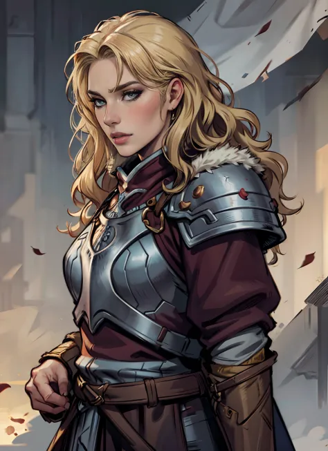 beautiful woman, viking warrior, fur cloak, armor, blonde hair, wavy hair, (closeup, portrait shot), (solo), realistic