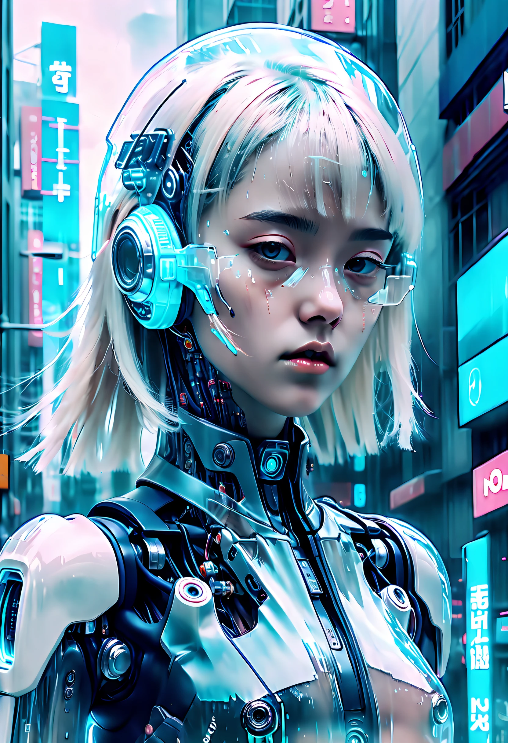 Complex illustrations in surrealist art style，mecha-girl，Futuristic girl，polaroid photograph, filmgrain,  (Cyberpunk:1.3), The new black,(desolving:1.3), (disintegrating:1.3), (disappear:1.3)
Incognito as a virtual hologram person， [European|Korean] Girlfriend says goodbye to the real world, her (Cyan:0.8) The appearance is (Transparent girl:1.3) (fading:1.3) (Numerical solubility:1.3) Into (Code flow:1.3). 
The background is (Numbers Numbers:1.3)