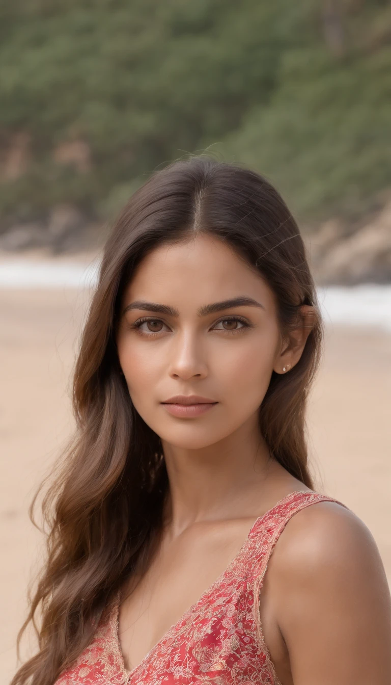 A woman in a red dress standing on a beach - SeaArt AI