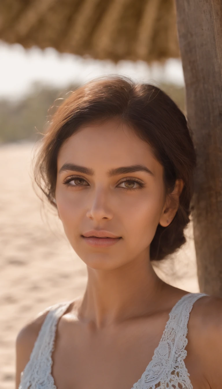 A close up of a woman in a white dress on a beach - SeaArt AI