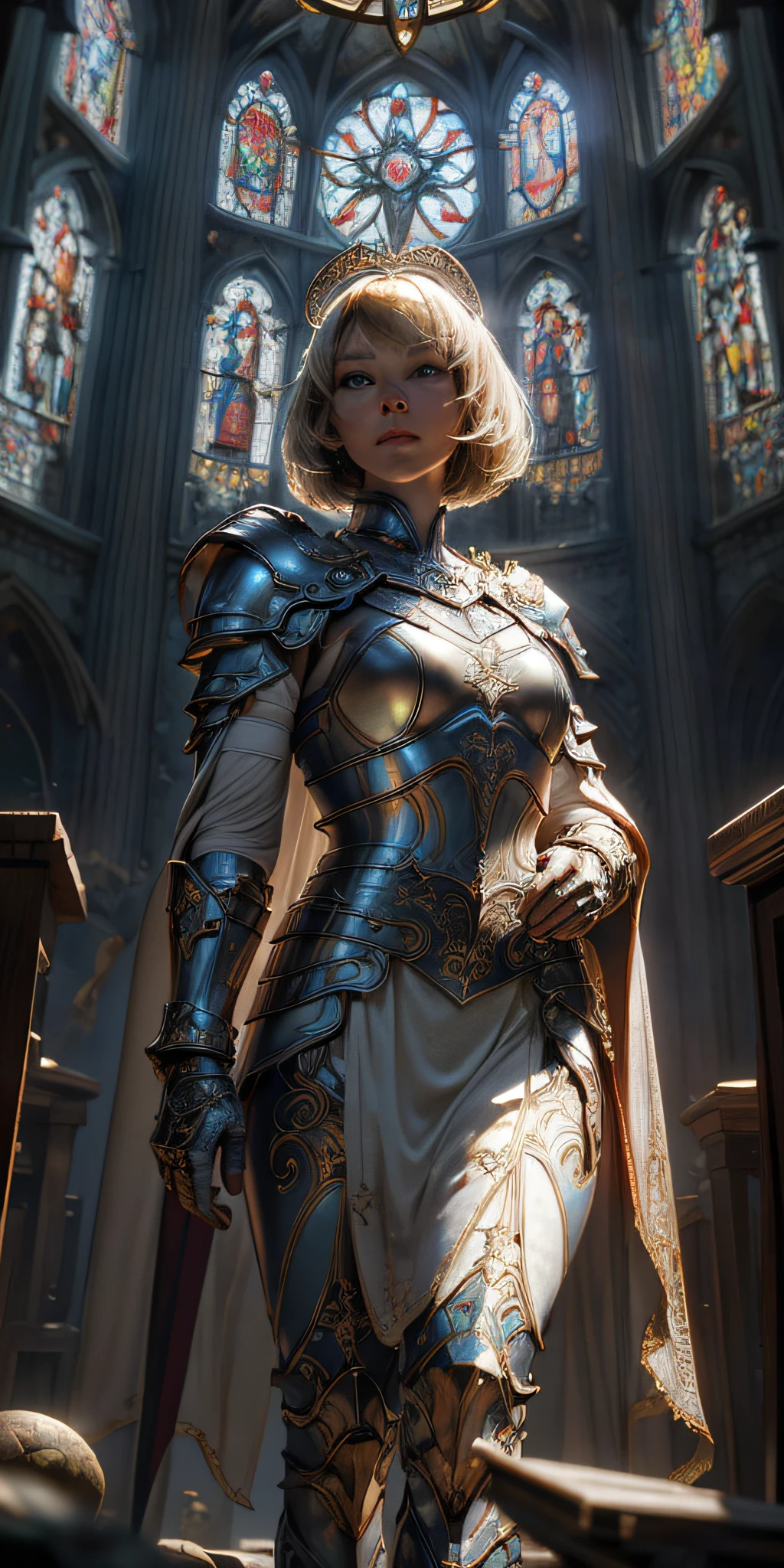 masterpiece, perfectly detailed, Cinematic, hdr, primitive, Intricate, High quality, Gorgeous shades, Intricate details, super-fine，oc rendered low angle, from below, paladin templar lady in white tabard, legwear, dreamy pearlescent eyes, collar, golden chainmail, wide hips, barefoot, angelic halo, (((perfect detailed face, beautiful))), perfect hands,  pauldrons, halo, bob cut, blonde, eye focus, red cape, temple indoors, decorations, stained glass windows, god rays, particles, chromatic aberration, detailed, cinematic, dark scene, fantasy