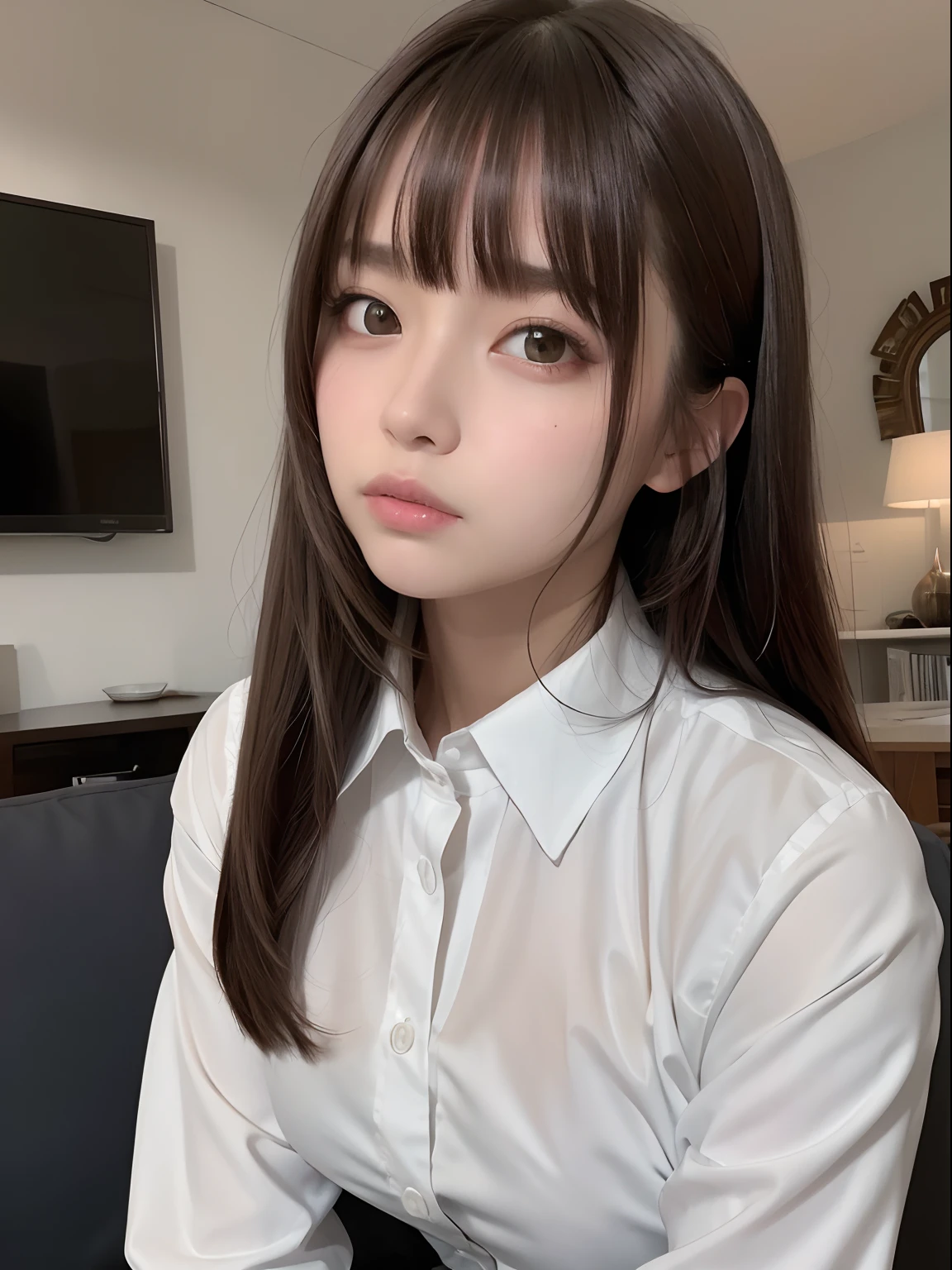 masterpiece, best quality,1girl, solo, realistic, looking at viewer, long hair, collared white shirt, bangs, living room, closed mouth, upper body