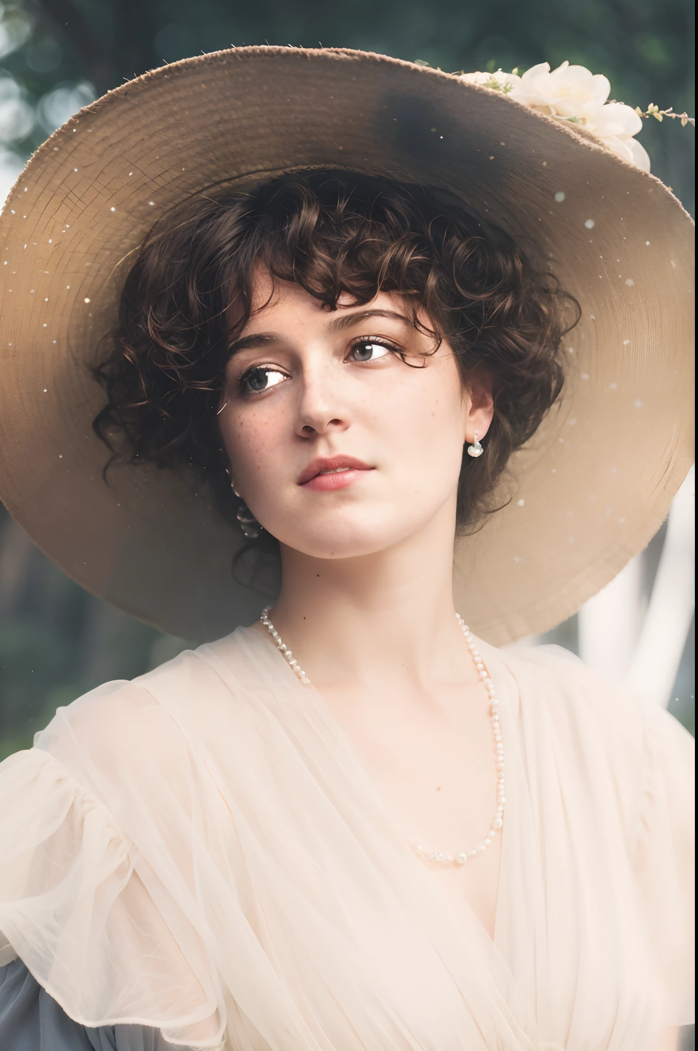 (skin blemish:1.2), (skindentation), freckles, moles, wrinkles, or blemishes, pores, skin texture, and fine lines, arafed woman in a large hat and dress with a necklace, autochrome pearl portrait, colorized 1 9 0 4 photo, colorized photograph, vintage color photo, a colorized photo, colourised, old color photograph, color portrait, colorized photo, colorized, award winning autochrome photo, colourized, 4 k photo autochrome, award winning colorized photo, realistic, best quality, photorealistic, masterpiece, 8k, high res, solo, extremely detailed face, (professional lighting, bokeh), (light particles, lens flare, glowing particles:0.6), (dynamic pose:1.2), soft lighting, top angle view, fashionable and trendy atmosphere