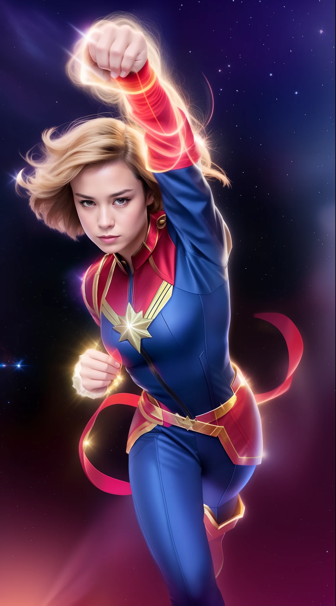 Captain Marvel,  corpo musculoso, traje de couro, cabelo loiro.