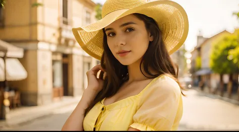 Woman in a yellow dress and hat posing for a photo, foto retrato suave 8 k, menina modelo bonita, Retrato de 50mm
