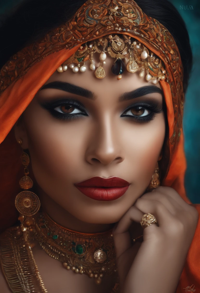 A woman in a red and orange outfit with a gold headpiece - SeaArt AI