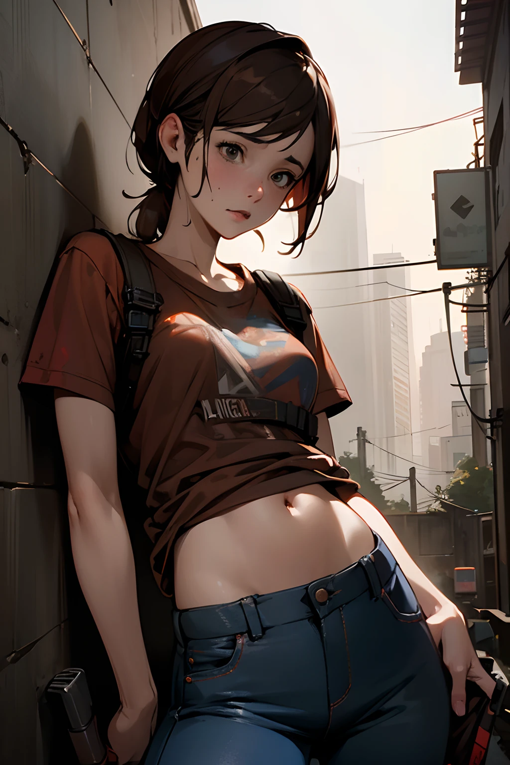 Anime girl with gun leaning against wall in urban area - SeaArt AI