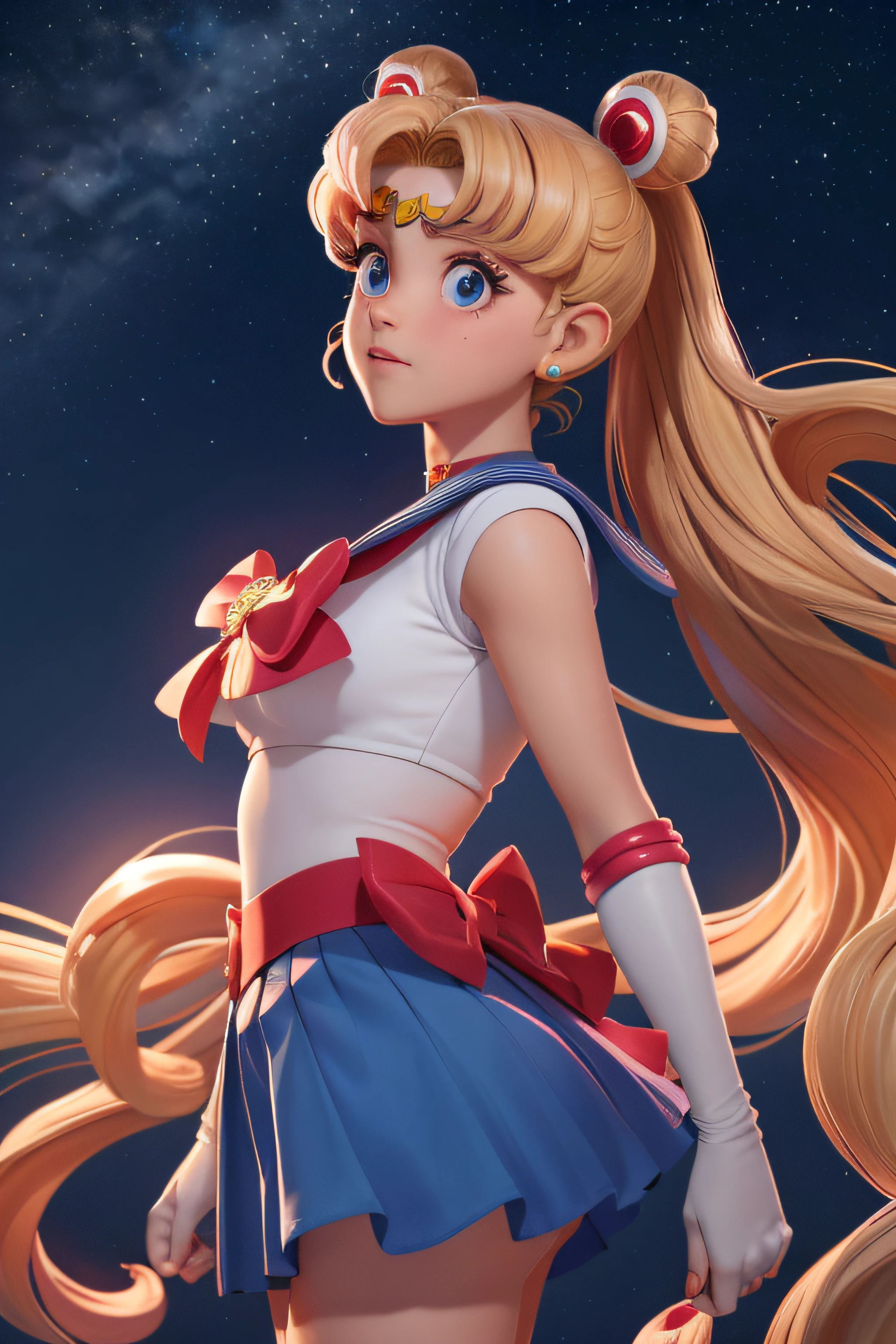 alta calidad, Obra-prima, (realista, fotorrealista:1.2) ,uma alta definição, ultra detalhado, Foto CRU,fcRetrato, Olhando para a câmera, De frente, olhos para o lado, gargantilha vermelha, Sailor Moon, Tsukino Usagi, uniforme de marinheiro, colarinho azul, saia muito curta, saia azul, corpo completo, 1 garota em, apenas, flutuando, cabelo comprido, caudas gêmeas, Pão Chinês Duplo, cabelo loiro, enérgico, pulando, Olhando pra cima, Parte da frente, Cinemático, papel de parede, olhos grandes, pupilas azuis, kawaii, Super fofo, bonita, esplêndido, joia, céu noturno, Céu estrelado, rosto perfeito, pele perfeita, lua crescente na testa, brincos, Garfos, laço vermelho no peito, laço vermelho na cintura, saia para cima, MOSTRANDO SU CULO