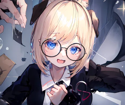 short blonde hair blue eyes anime girl with glasses wearing a black sweater and white collar shirt on the inside posing for a pi...