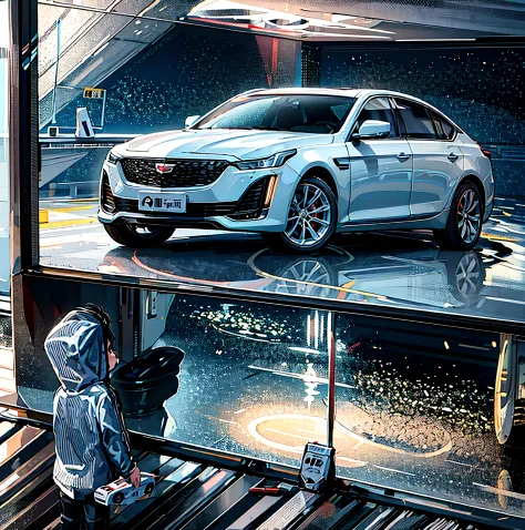 A child in a blue raincoat looks at white car paint in a shop window，The new Cadillac CT5，Toy car in hand，8K，4K