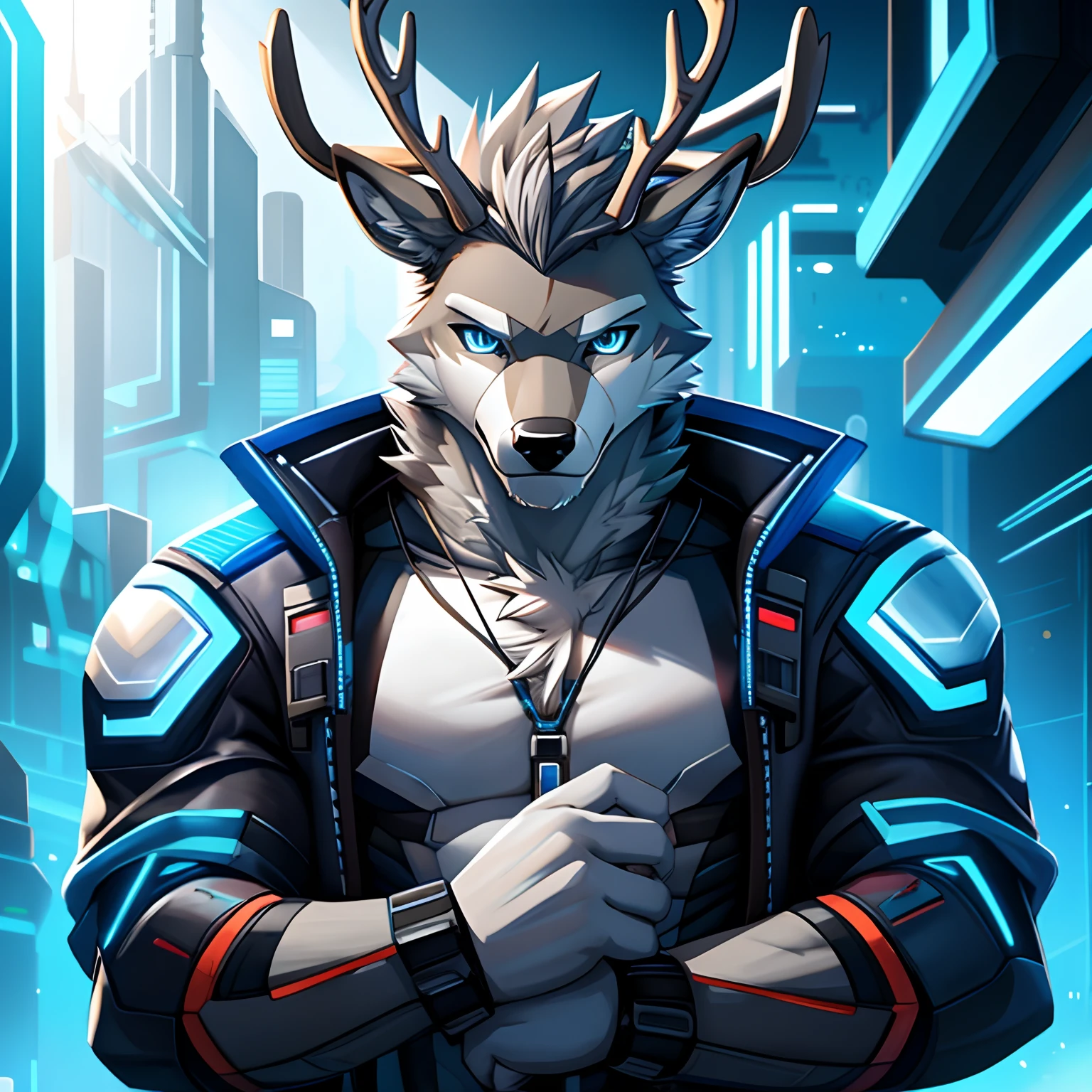 Masterpiece，Best quality，Silver-gray hair，coyote，deer antlers，male people，blue color eyes，cyber punk perssonage，musculature，solo person