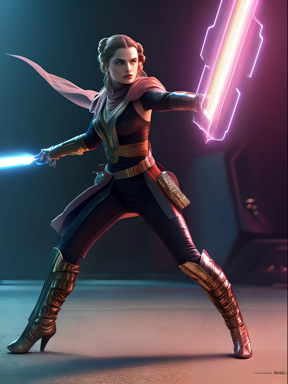 A woman in a star wars outfit holding a light saber - SeaArt AI