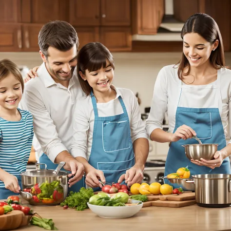 realistic photo. happy family cooking, smiling, old kitchen, 4k --auto --s2