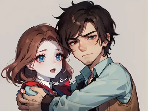 red dead redemption 2 type portrait girl with pale skin, blue eyes, light brown short hair, pink shirt, hugging guy with black curly hair, brown eyes, pale skin anime