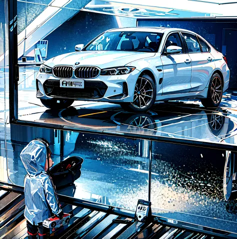 A child in a white raincoat looks at the new BMW 320 in a shop window，Toy car in hand，8K，4K