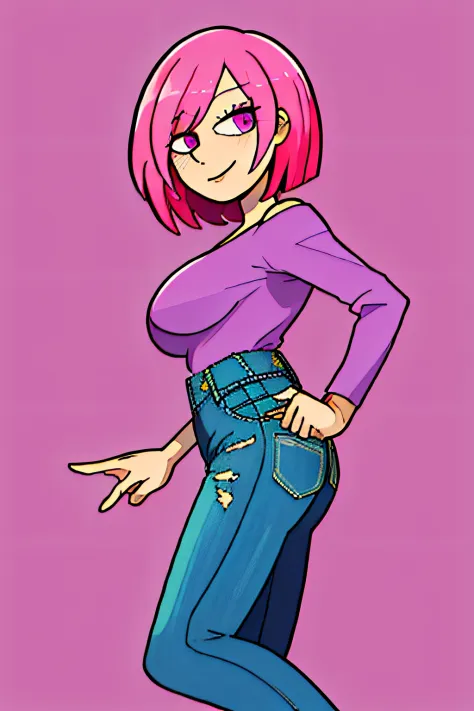 (masterpiece), (best_quality), (ultra-detailed), (illustration), (welcoming), depth of field, 1girl, full body, pink hair with blue highlights, purple lipstick, long eyelashes, , multicolor eyes, beautiful costume design (from side:1.5), medium breasts, se...