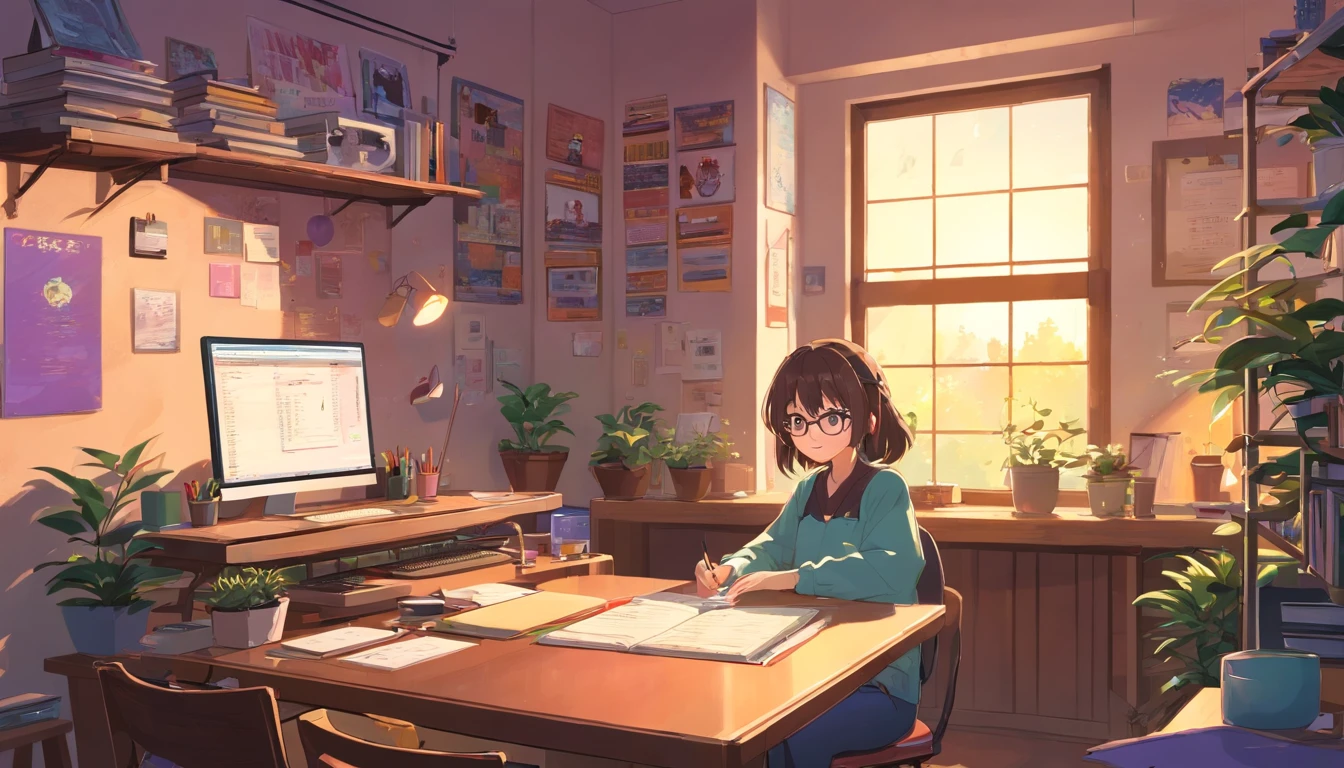 Anime girl sitting at a desk with a computer and a book - SeaArt AI