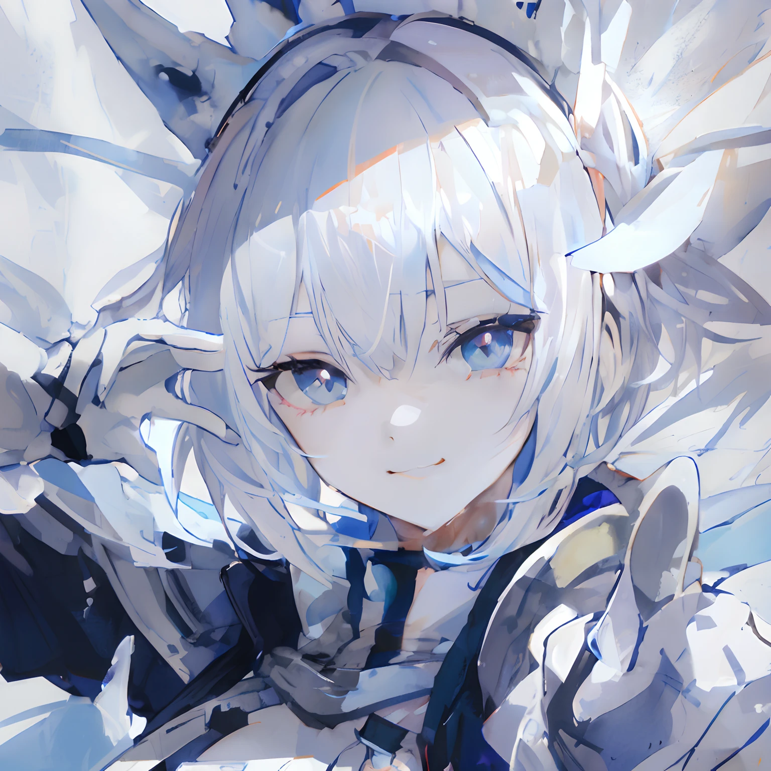 Anime girl with white hair and blue eyes holding a gun, best anime 4k konachan wallpaper, from arknights, Detailed Digital Anime Art, detailed anime art, anime art wallpaper 4k, anime art wallpaper 4k, Trending on ArtStation pixiv, guweiz on pixiv artstation, clean detailed anime art, arknights, Detailed anime artwork　a smile　star-shaped pupils